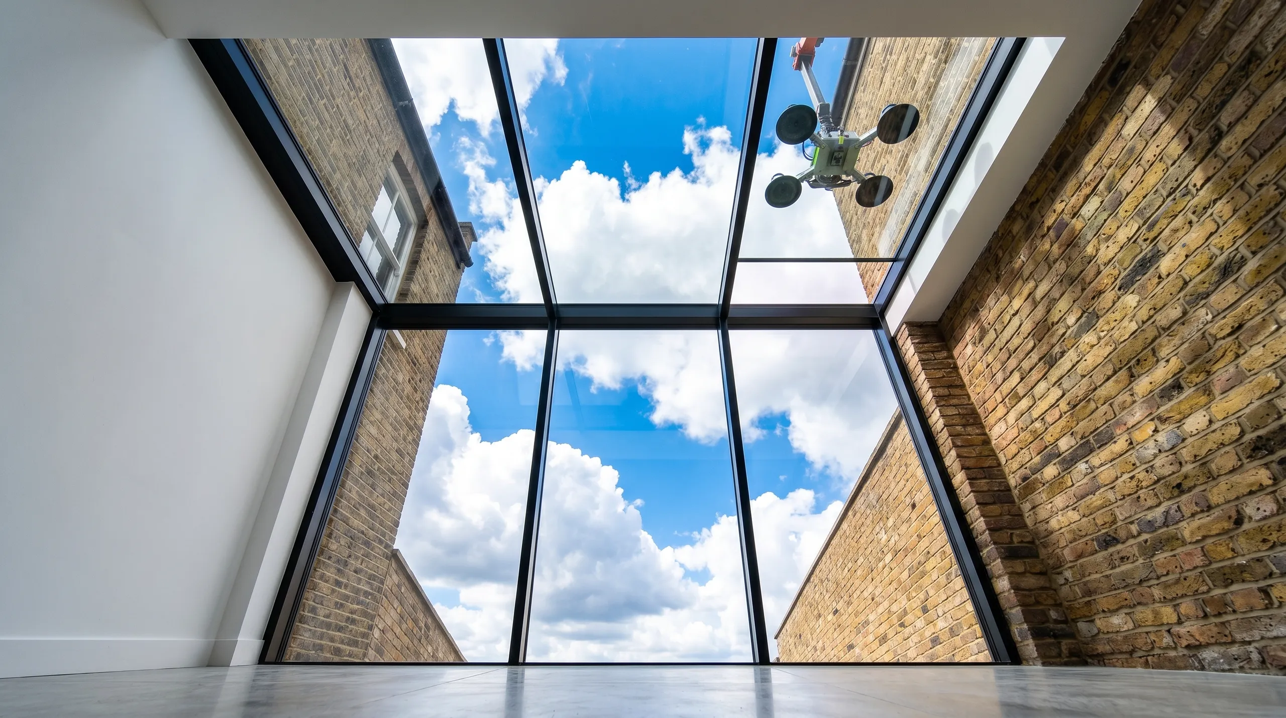 Skylight reflected in a round mirror, showcasing modern bathroom design
