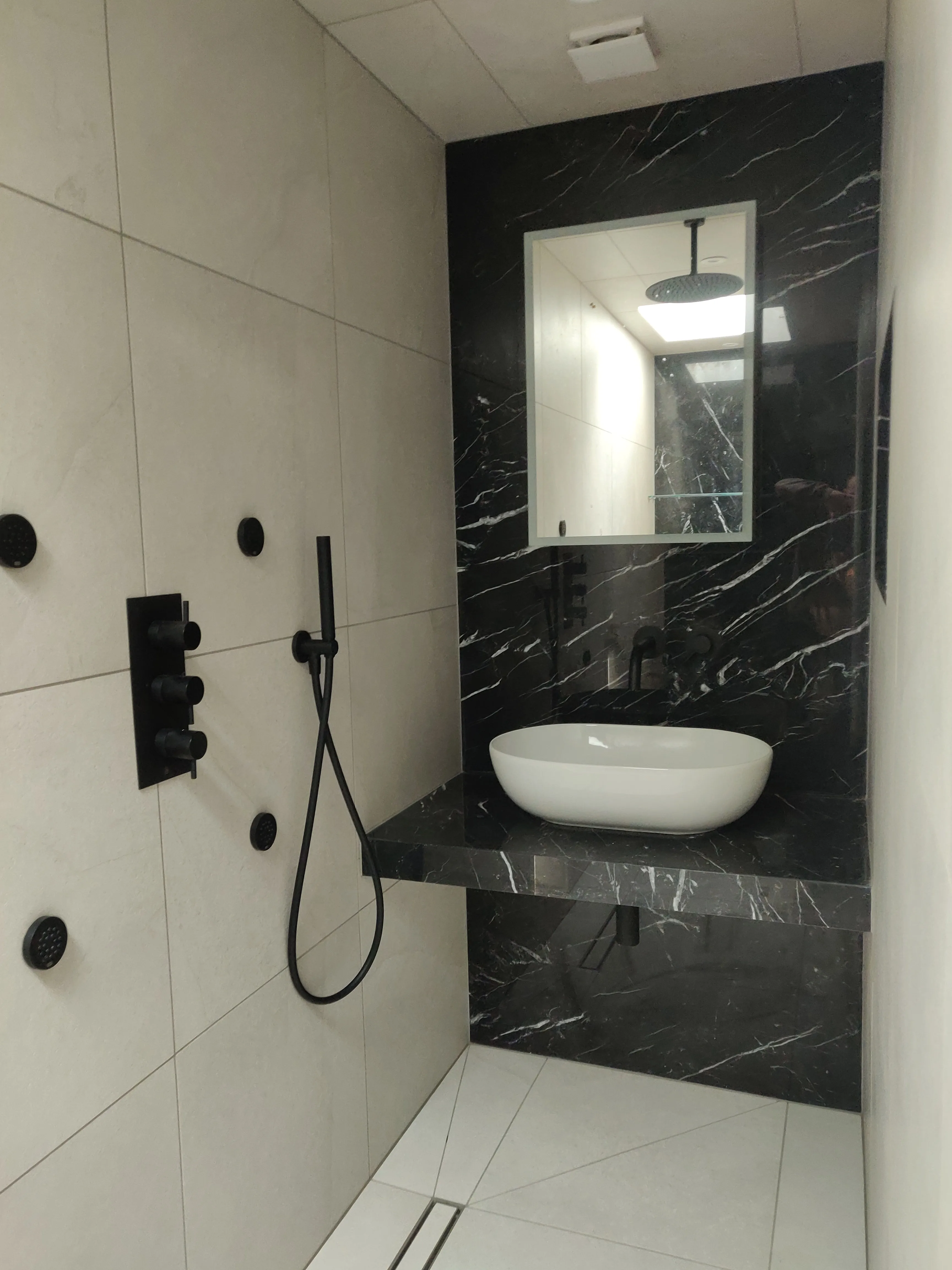 Modern bathroom with a black marble wall, rainfall shower, and stylish sink