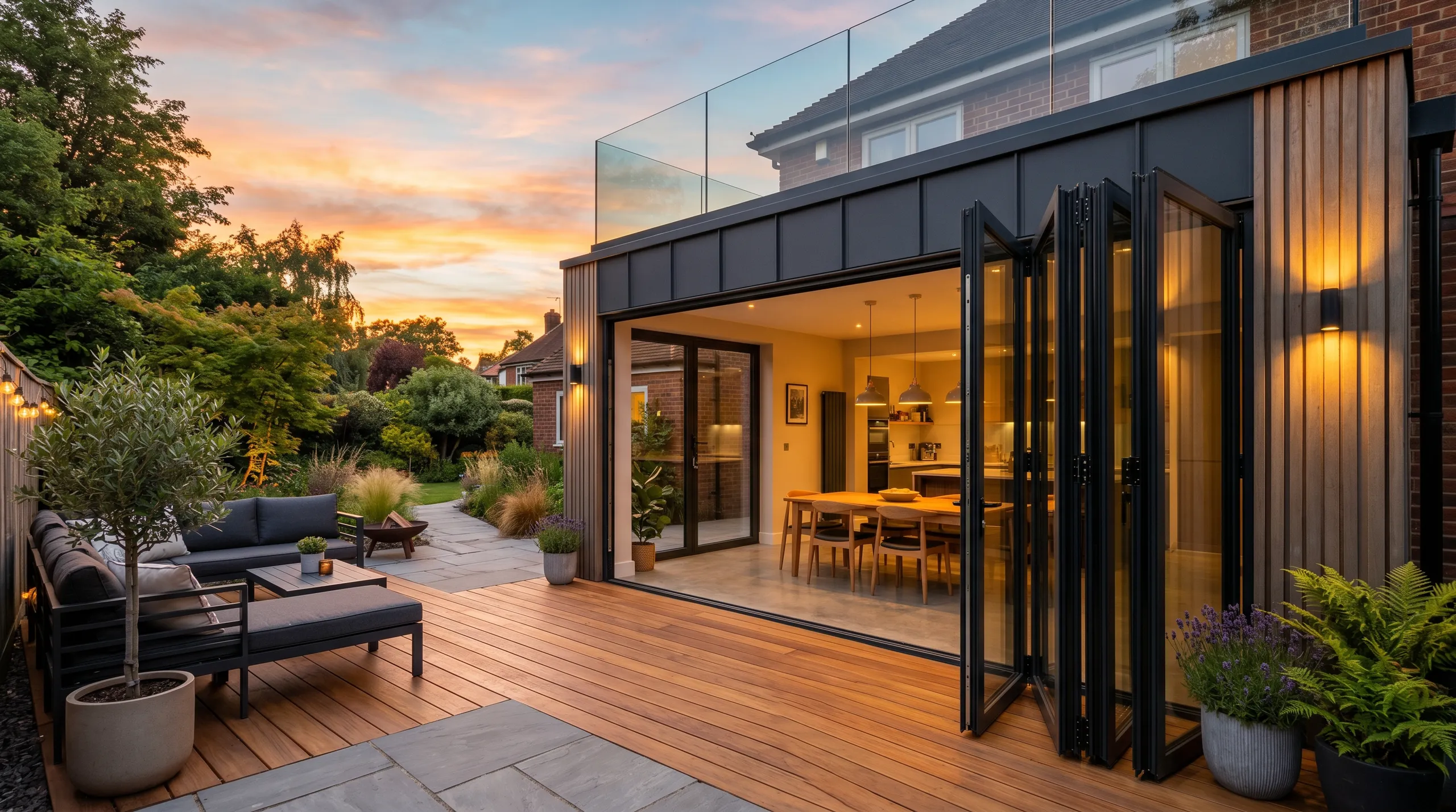 Modern house extension featuring bi-fold doors leading to a wooden deck terrace